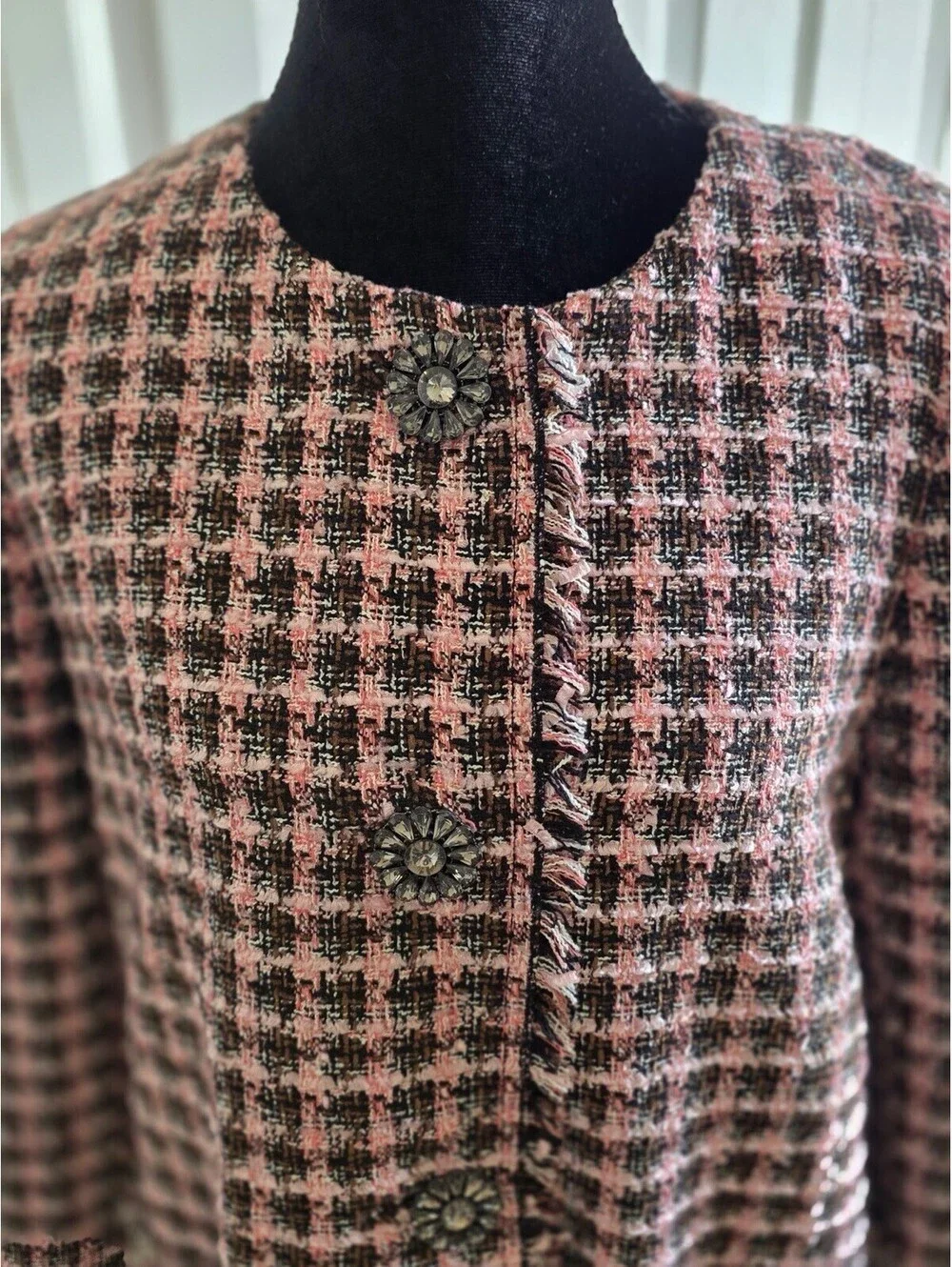 Kate Spade Pink Black Brown Enchanted Tweed Coat Crystal Rhinestone Buttons M